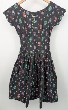 Vintage 1950s Kay Windsor Black Floral Cotton Fit Flare Midi Dress Size Small